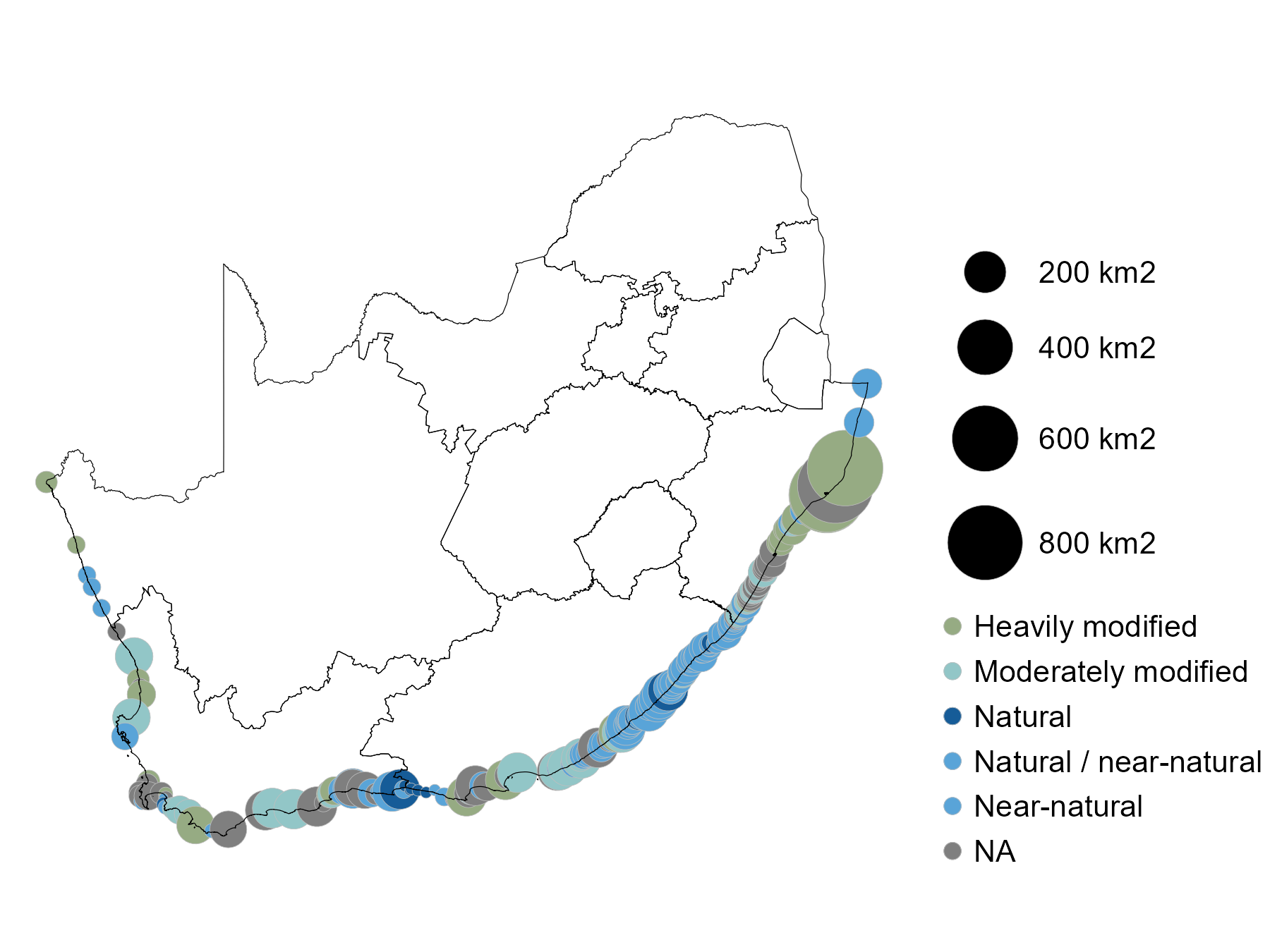 Map of ecosystem degradation showing the spatial distribution of estuaries in natural/near natural, moderately degraded, severely degraded or very severely degraded state. Click to expand.