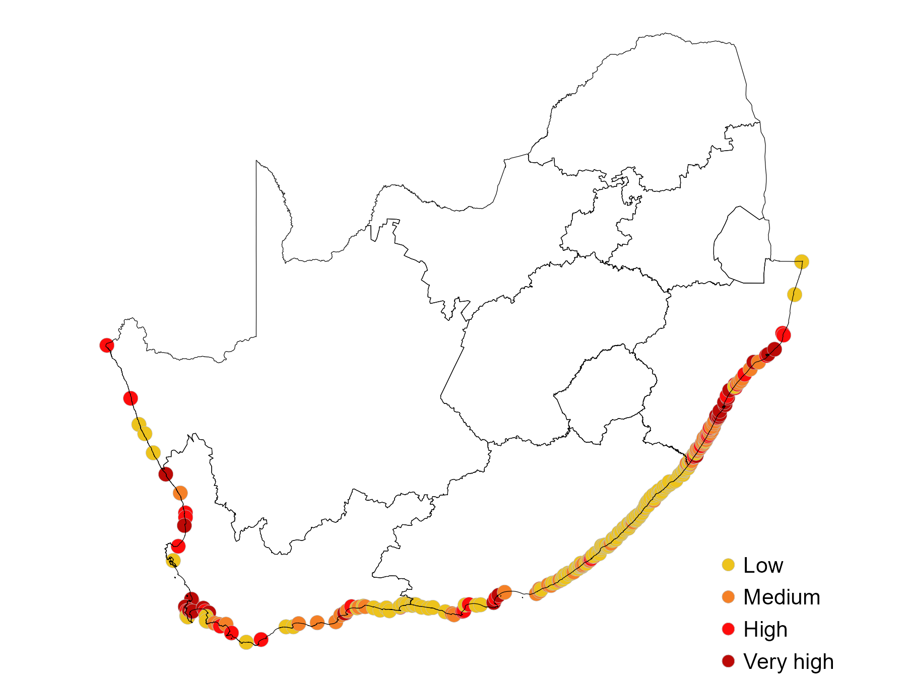 Map of cumulative pressures in South Africa’s estuaries. Red and orange areas have the highest cumulative pressure, with yellow areas showing low pressure. Click image to expand.